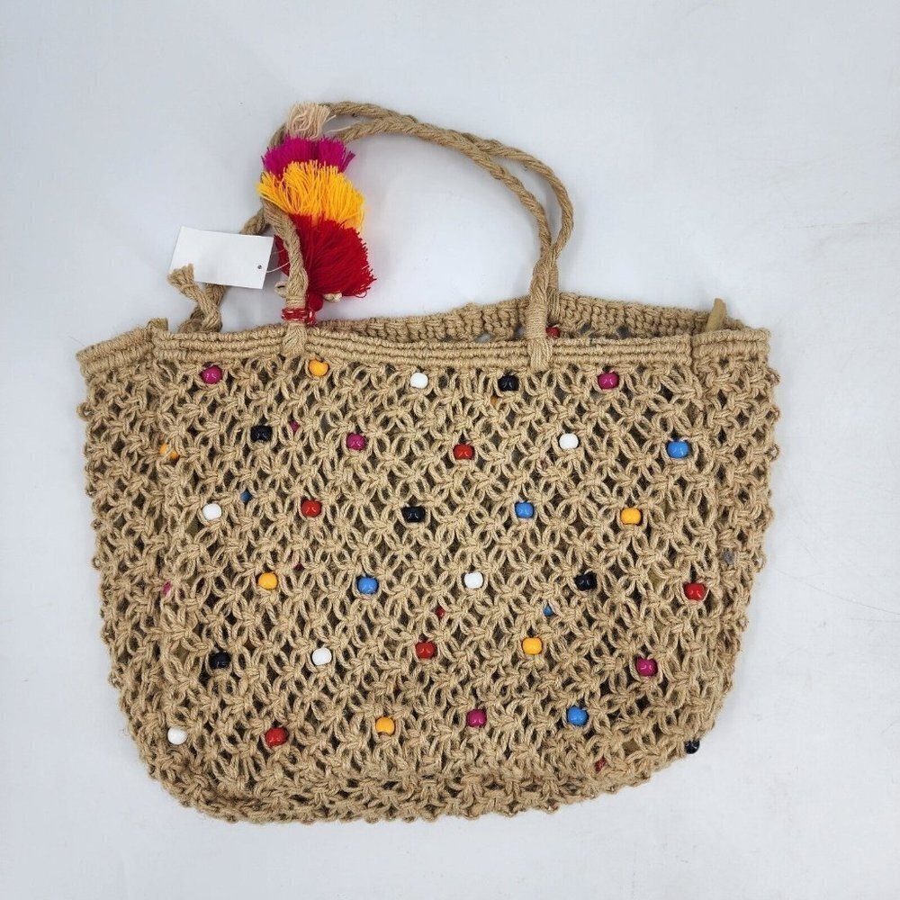 Shiraleah Women's Jute Chunky Beaded Tote Bag NWT